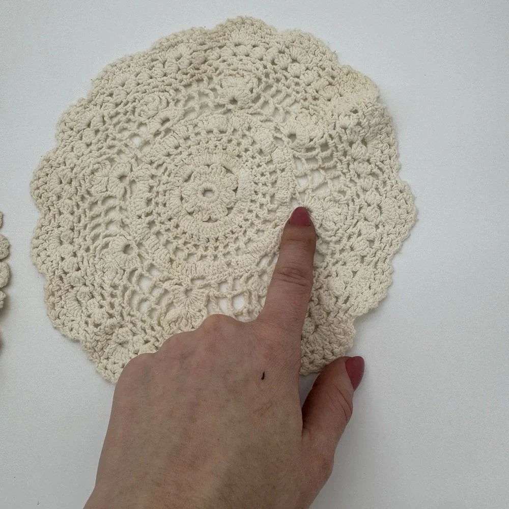 Vintage Crochet Doilies &‎ Table Runner Lot 6pc Ivory Farmhouse Cottage Cotton